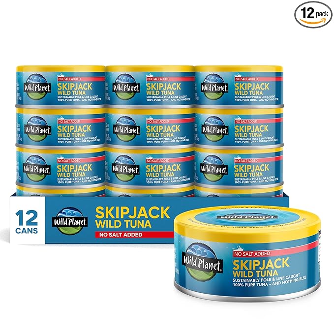 Wild Planet Skipjack Wild Tuna, No Salt Added, Canned Tuna, Sustainably Wild-Caught, Pole & Line, Non-GMO, Kosher, 5 Ounce (Pack of 12)
