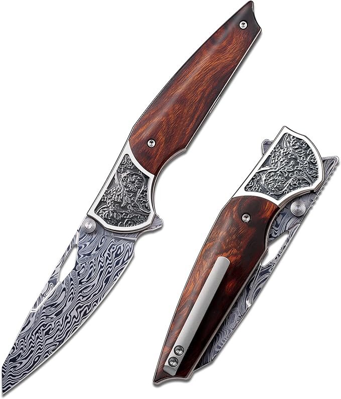 Damascus Pocket Knife, EDC Folding Knife, Titanium Frame Desert Ironwood Handle, Front Flipper and Thumb Stud Open