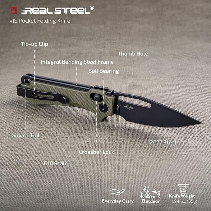 REALSTEEL VIS Pocket Knife, Folding Knife, Crossbar Lock, 2.72" Small 12C27 Steel PVD Black Blade, Thumb Hole, G10 Handle, 1.94oz, Pocket Clip, Versatile Outdoor Indoor EDC Knife, Gifts for Men Women Camping Hiking Fishing Climbing (Green G10/Black)