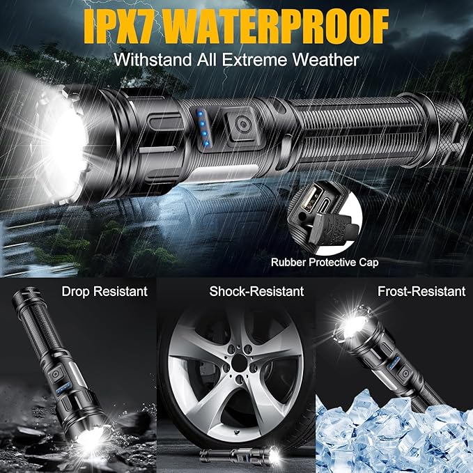 Rechargeable Flashlights High Lumens - 500 LM Super Bright LED Flashlight Powerful Tactical Flashlight with Zoomable, 7 Modes, IPX7 Waterproof, Handheld Flashlight for Camping, Hiking, Emergencies