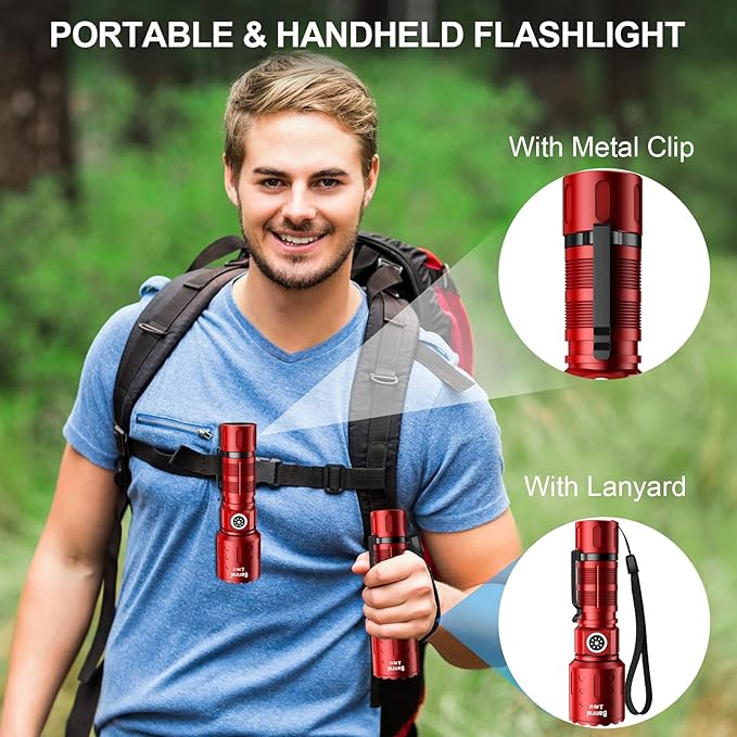 Flashlights High Lumens Rechargeable, Super Bright Long Range Small Powerful Flashlight, 6 Modes LED Tactical Pocket Waterproof Flash Light for Home Emergency (1, Red)