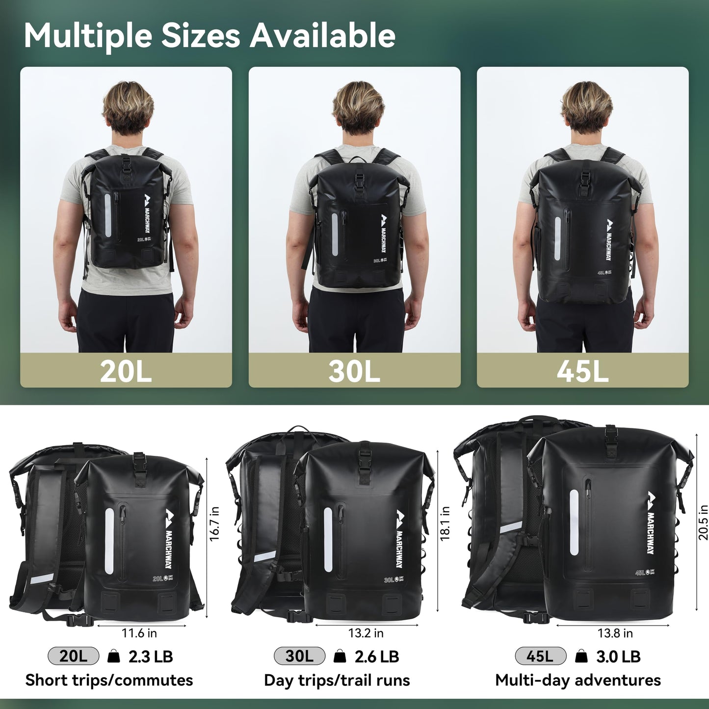 MARCHWAY Roll Top Waterproof Backpack, Floating Dry Bag 20L/30L/45L with Ergonomic Rectangular
