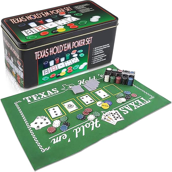 Gamie Texas Holdem Poker Game Set - Includes Hold?™em Mat, 2 Card Decks, Chips, Chip Holder and Tin Storage Box - Fun Game Night Supplies - Cool Casino Gift for Kids & Adults