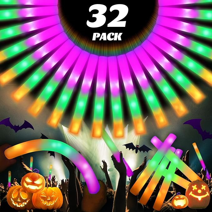 32 Packs 16 inch Foam Glow Sticks Bulk, 3 Color LED Light Foam Sticks, Glow in The Dark Party Supplies, 3 Modes Colorful Flashing for Birthday Halloween Thanksgiving Xmas Party Wedding
