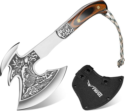 TIVOLI 12.2" Camping Axe, Wave - Patterned Survival Hatchet with Nylon Sheath, Multi Functional Shock-Absorbing High Carbon Steel Blade Outdoor Bushcraft Axe for Camping, Hiking, Chopping, Hunting