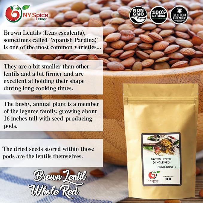 NY SPICE SHOP BROWN LENTIL (WHOLE RED) ??1.5 lbs. (Pound) Desi Masoor (Masur) Whole - Brown Lentils (Lens esculenta) -Dry Raw Lentils - Good Source of Fiber & Protein ??Lentils for Soup, Stews & Curry.