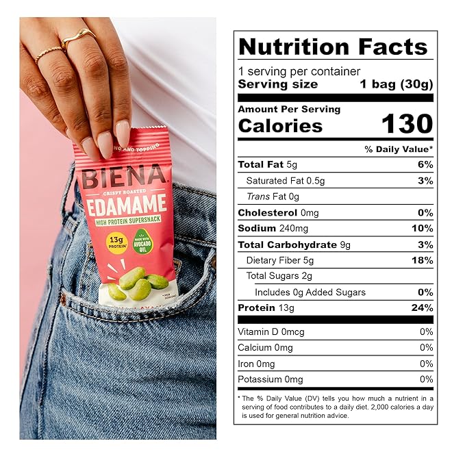 Biena Crispy Roasted Edamame Beans Snack ??High Protein Low Carb Snack for Adults & Kids, 13g Protein per Serving - Made w/Avocado Oil ??Vegan, Gluten-Free ??10-Pack, 1.05oz Bags, Himalayan Pink Salt