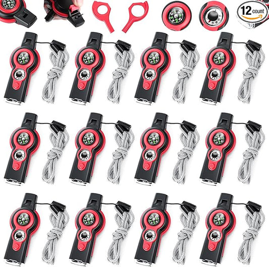 12 Pack Emergency Survival Function Whistle 7-in-1 Compass Hiking Survival Safety Whistle with Lanyard Outdoor Multifunctional Tool Ideal for Hiking Camping Rescue Signaling