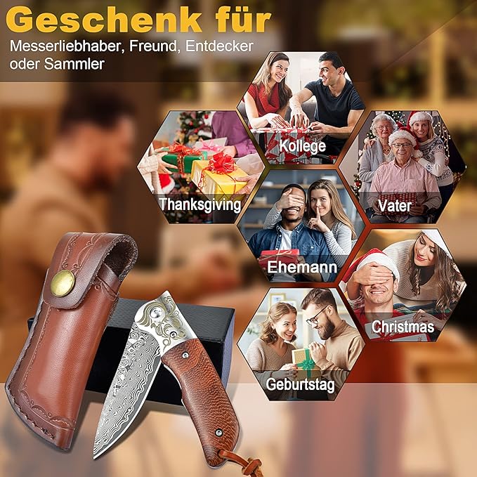 AUBEY Damascus Pocket Knife with Clip, Folding Knives with VG10 Damascus Steel Blade, Wooden Handle, Foldable EDC Knifes for Outdoor Survival Collection Gift