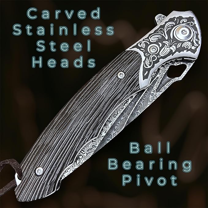 TACTICAL GEARZ Damascus Pocket Knife, Ebony Handle w/Carved Steel Head, Multi-Layered Damascus Steel VG10 Blade, Includes Stitched Leather Sheath (Kratos XT)