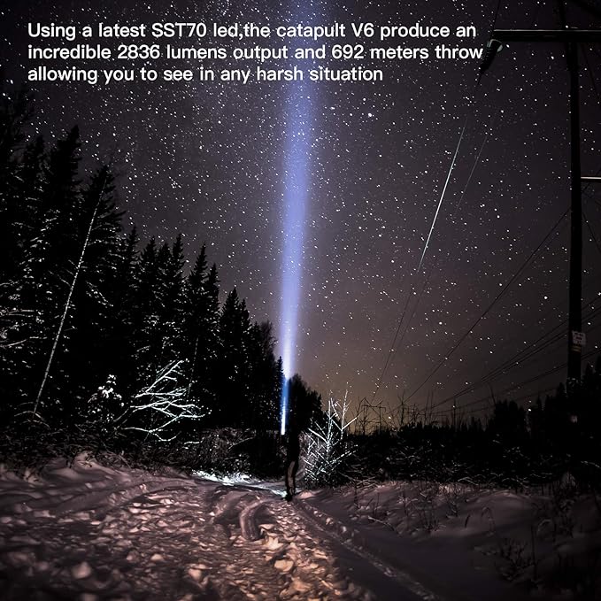 ThruNite Catapult V6 SST70 USB-C Rechargeable Flashlight, 2836 Lumens, 692m Long Beam Distance, High-Performance LED Searchlight for Tactical, Camping, and Hiking, Black, Cool White - CW