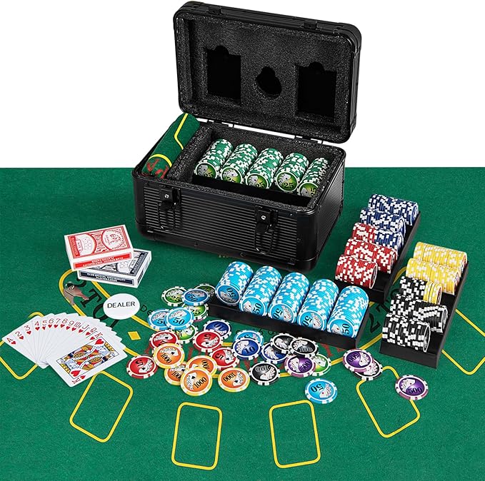 Goplus Poker Chip Set, 600 PCS Chips, 2 Decks Cards, Dealer Button, Poker Felt, Aluminum Case for Texas Holdem, Casino, Family Night, Blackjack