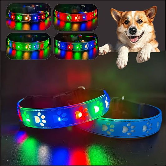 LED Light Up Dog Collar, USB-C Rechargeable, Multicolor Paw Print Design, 15 Modes Lighting Night Safety (Blue Pro, S(7.87-11.8"))