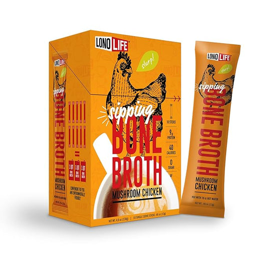 LonoLife Mushroom Chicken Bone Broth Powder Mix | 10g Protein | Collagen-Rich, Keto & Paleo Friendly | Natural Ingredients | 10 Portable Stick Pack Servings