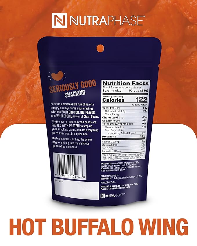 Clean Beans Broad Fava Beans Snack - Hot Buffalo Wing Flavor, 6g Protein, Low Sugar, Non-GMO, Non-Gluten - On The Go Office Snack - Nutraphase, 85g x 6-Count
