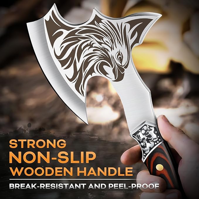 TIVOLI Camping Axe, Eagle - Patterned Survival Hatchet with Nylon Sheath, High Carbon Steel Blade Compact Outdoor Bushcraft Axe with Ergonomic Wood Grip, Camping Gear for Hiking, Chopping, Hunting