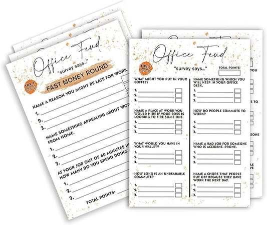 Tuyashua Office Party Feud Games, Work Party Games, Team Building Group Game, Great for Coworker or Adult Trivia Game - 30 Office Feud Cards and 3 Fast Money Round Cards (01)