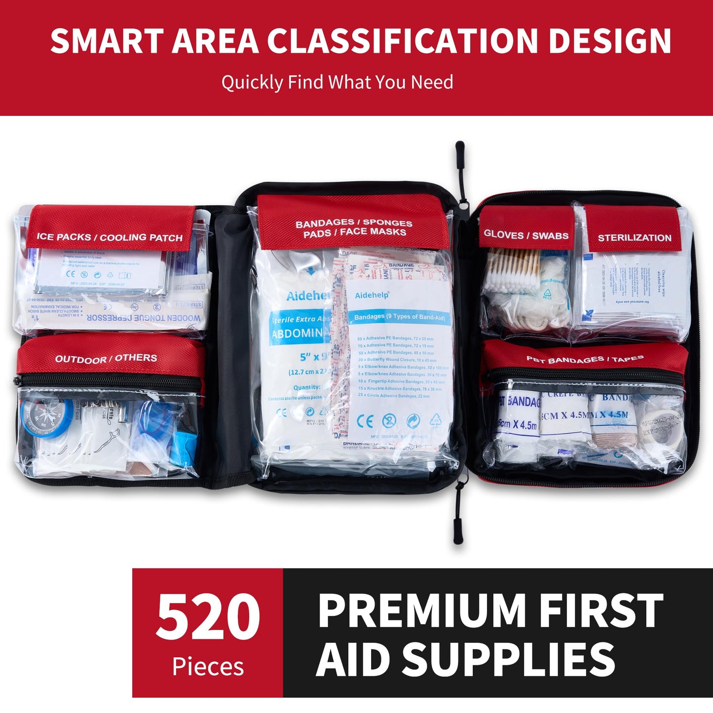 520 Pieces Premium First Aid Kit - Large Emergency Medical Kit for Survival, Car, Home, Travel
