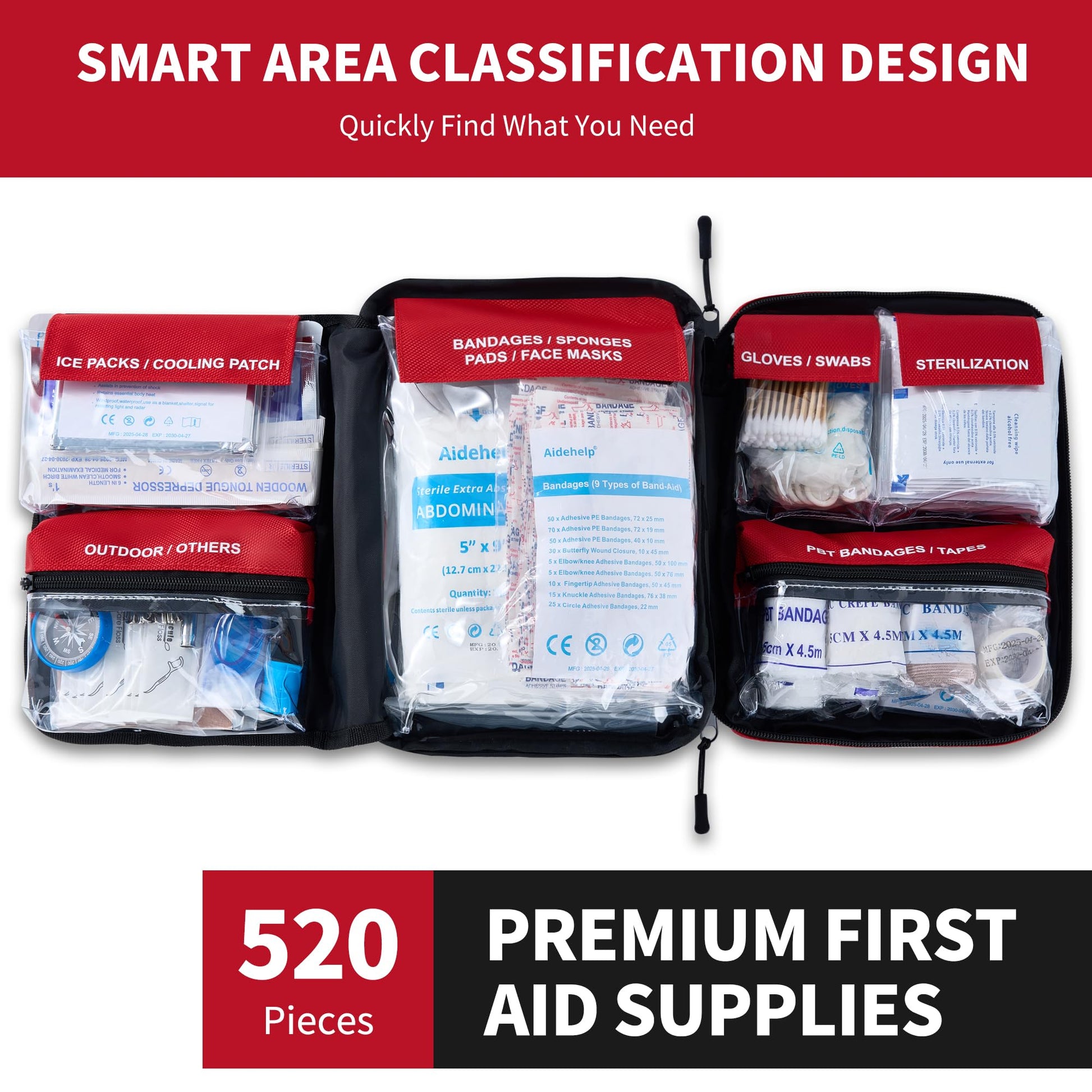 520 Pieces Premium First Aid Kit - Large Emergency Medical Kit for Survival, Car, Home, Travel