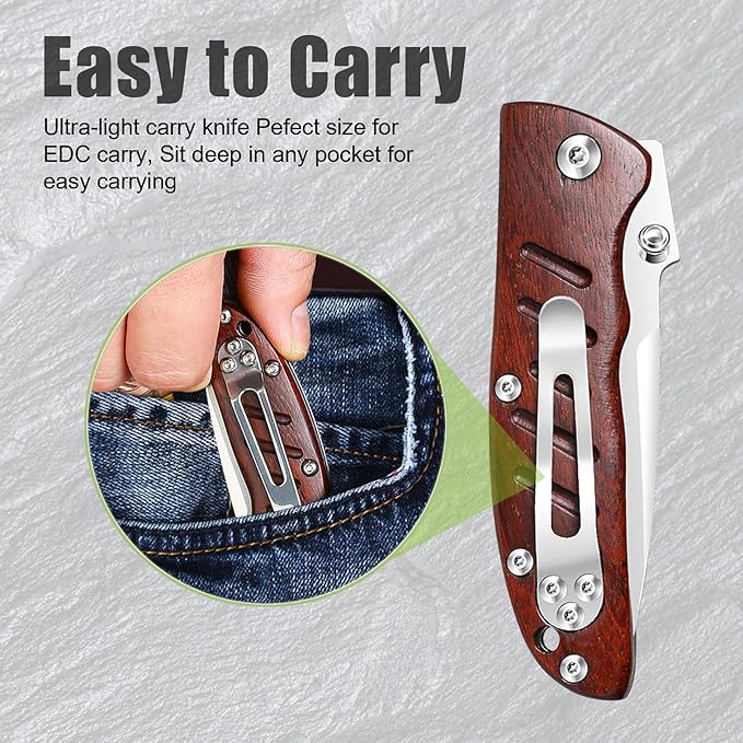 Harita Pocket Knife Folding Knife EDC Knife with Pocket Clip, 2.76 inch 8Cr13MoV Steel Blade, Rosewood Handle, Foldable Camping Fishing Survival Hunting Liner Lock Knife for Men Women