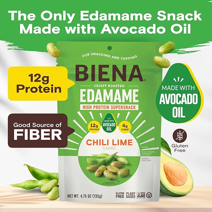 Biena Crispy Roasted Edamame Beans Snack ??High Protein Snack for Adults & Kids, 12g-13g Protein per Serving - Made with Avocado Oil ??Vegan, Low Carb, Gluten-Free ??3-Pack 4.75oz, Chili Lime