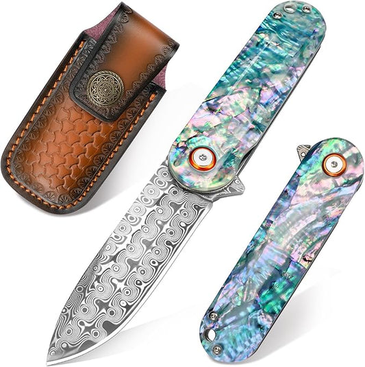 Damascus Pocket Knife with Sheath 2.95" Damascus Steel Blade Folding Knife with Abalone Shell Handle EDC Pocket Knives for Men Women Outdoor Indoor Camping
