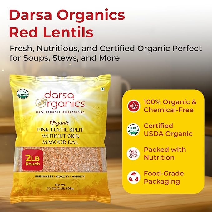 Darsa Organics Split Red Lentils (Masoor Dal) 2 lb |USDA Organic, Non-GMO, Gluten-Free Vegan, Kosher| Rich in Protein & Fiber | Great for Soups, Salads & Curries