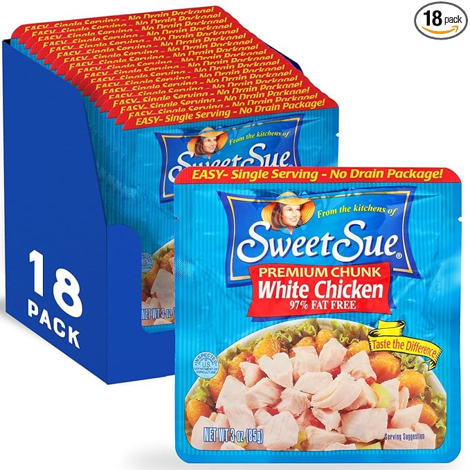 Sweet Sue Premium Chicken Breast, 3 Ounce (Pack of 18) - 20g Protein per Serving, 97% Fat Free - Gluten Free Keto Friendly