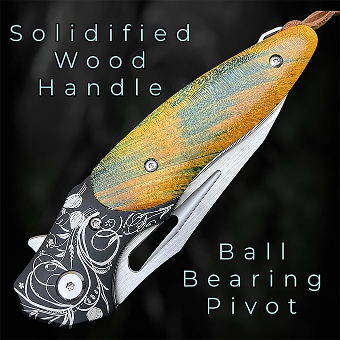 TACTICAL GEARZ Premium EDC Folding Pocket Knife, ASP30 Steel Drop Point Blade, Ball Bearing Pivot, Solidified Wood Handle, Includes Premium Leather Sheath (Narsil)