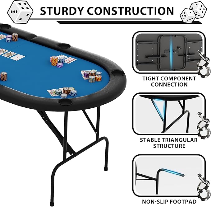 8 Player Foldable Poker Table, 71" Portable Folding Poker Game Tables with Collapsible Legs, Cup Holders, Casino Grade Felt Surface, Oval Card Game Poker Table for Game Room, Blue