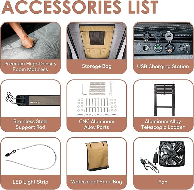 Hardshell Rooftop Tent, Roof Top Tent for 2-3, with Aluminium Ladder, Skyview Window, Mattress, LED Light, Blackout-Coated for UV Protection, Waterproof, for Truck, Jeep, SUV, Van