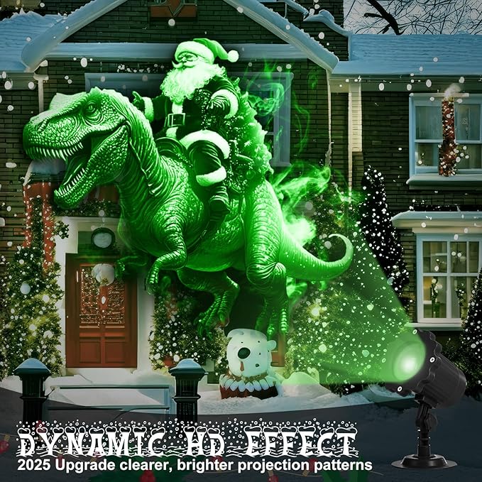 Treela Christmas Projector Lights Outdoor Indoor Dynamic Santa Riding a Dinosaur Decoration Outside LED Landscape Lamp for Holiday Halloween Garden Supplies