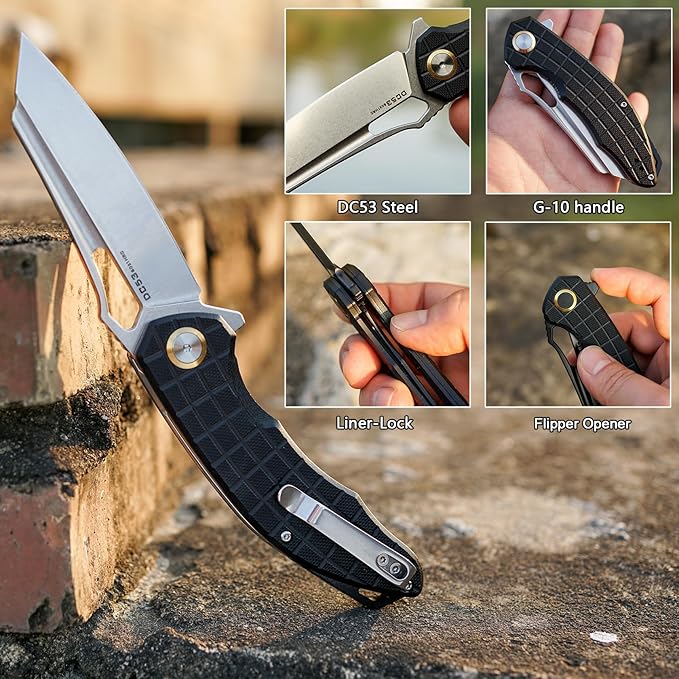 Folding Pocket Knife, 3.54" DC53 Steel Blade,4.65" G10 Handle, Liner Lock, Reversible Pocket Clip for Everyday Carry, Outdoor Activities. (Gray Stonewashed Blade)