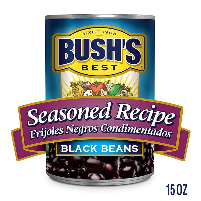 BUSH'S BEST 15 oz Canned Seasoned Recipe Black Beans, Source of Plant Based Protein and Fiber, Low Fat, Gluten Free, (Pack of 12)