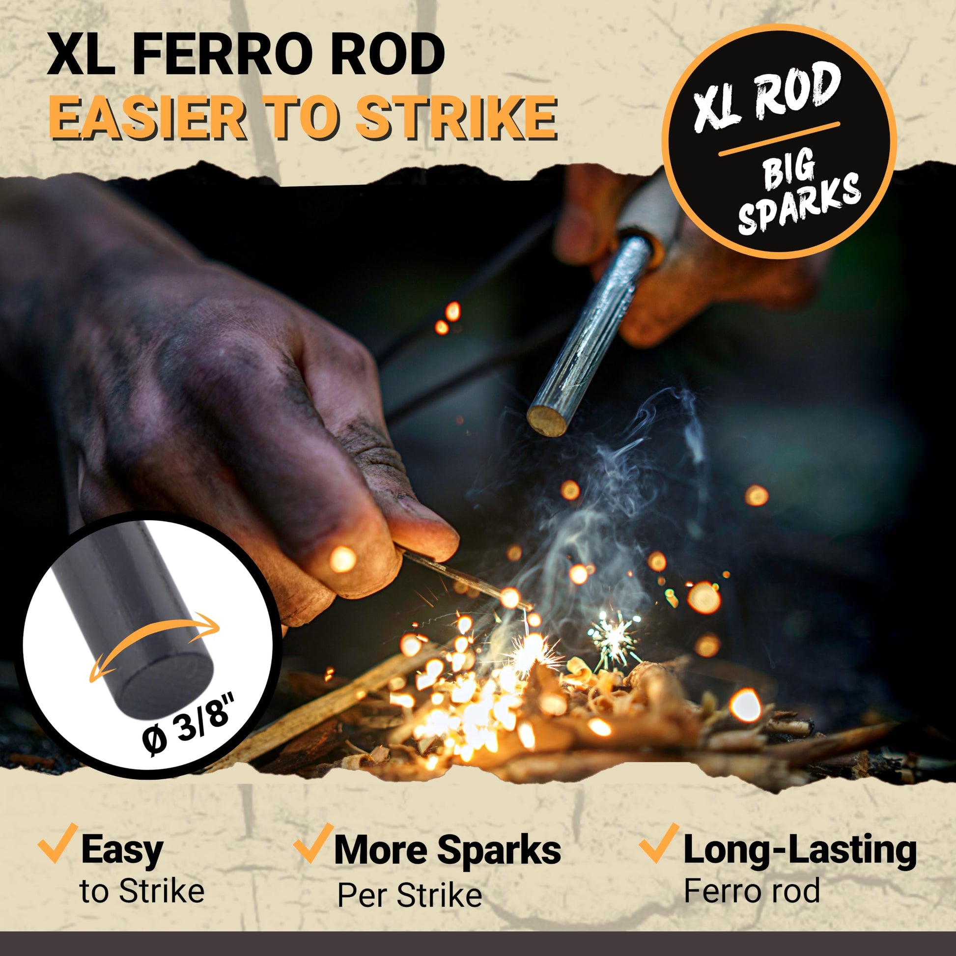 Ferro Rod Fire Starter Kit with Fatwood Tinder Stick - 3/8" Thick Ferrocerium Flint and Steel Fire