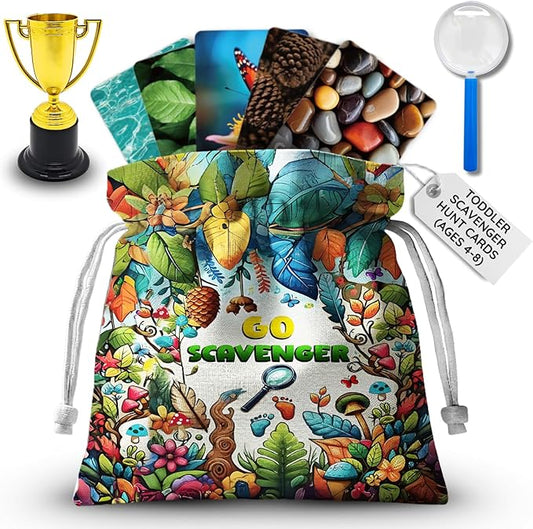 Deck?™D - Go Scavenger I 40 Toddler Scavenger Hunt Cards I Fun & Educational Outdoor Games with 5 Play Modes I Inc Magnifying Glass &Trophy I Scavenger Hunt for Kids Ages 4-8 and up