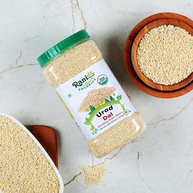 Rani Organic Urid/Urad Dal (Split Matpe Beans Skinless) Indian Lentils 64oz (4lbs) 1.81kg Bulk PET Jar ~ All Natural | Vegan | Gluten Friendly | NON-GMO | Indian Origin | USDA Certified Organic