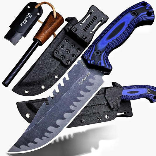 BA-KOR 12.4in Full Tang Fixed Blade Hunting Knife ??6mm 9CR18MoV Steel, G10 Handle, Stonewashed Sawback Blade with Kydex Sheath & Fire Starter for Outdoor, Camping, Survival (Blue and black stripes)
