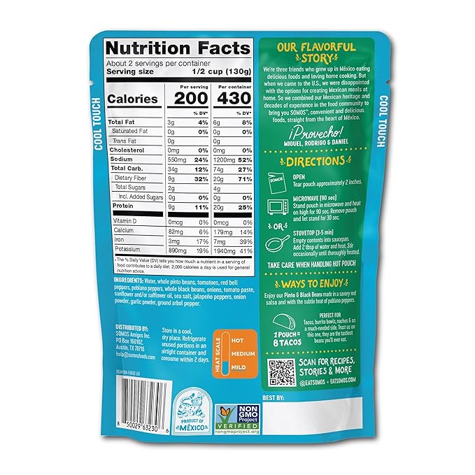 SOMOS Pinto & Black Beans - Gluten Free, Non-GMO, Vegan Ready-to-Eat Microwavable Meals - Delicious, Healthy & Plant Based Convenience - Perfect for Quick, Healthy Dining |10oz Pouch (Pack of 6)