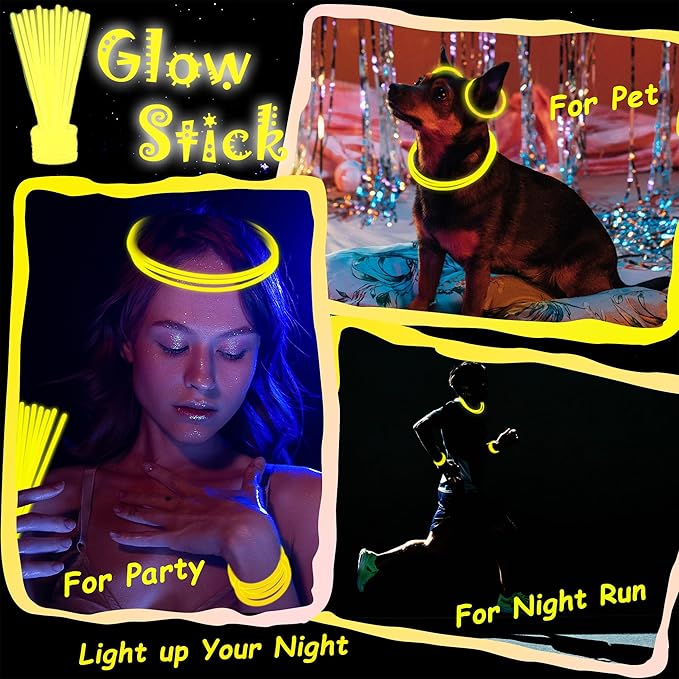 100 pk 8" Yellow Glow Sticks Bulk Party Favors, Light up Glow Necklaces & Bracelets in the Dark Party Supplies For Christmas Halloween Birthday Neon Party (100 * Yellow)