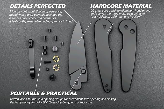 Hightron Birdidi Folding Pocket Knife, 2.91" D2 Blade Aluminum Handle with Deep-Carry Clip, Sharp EDC Tactical Knives for Men Women Lightweight Cutter for Camping Hiking Black-B