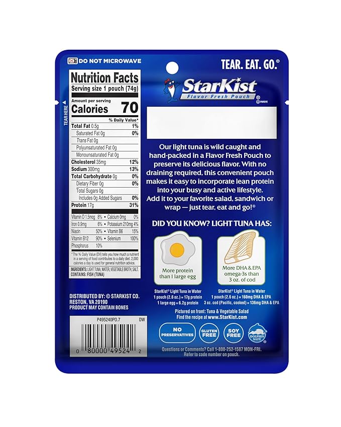 StarKist Chunk Light Tuna in Water, 2.6 oz Pouch (4 Pack) Ready to Eat Wild Caught Tuna, 17g Protein, 70 Calories Per Serving, Gluten Free, Soy Free, Kosher, Perfect for Salads, Keto Meals and Snacks