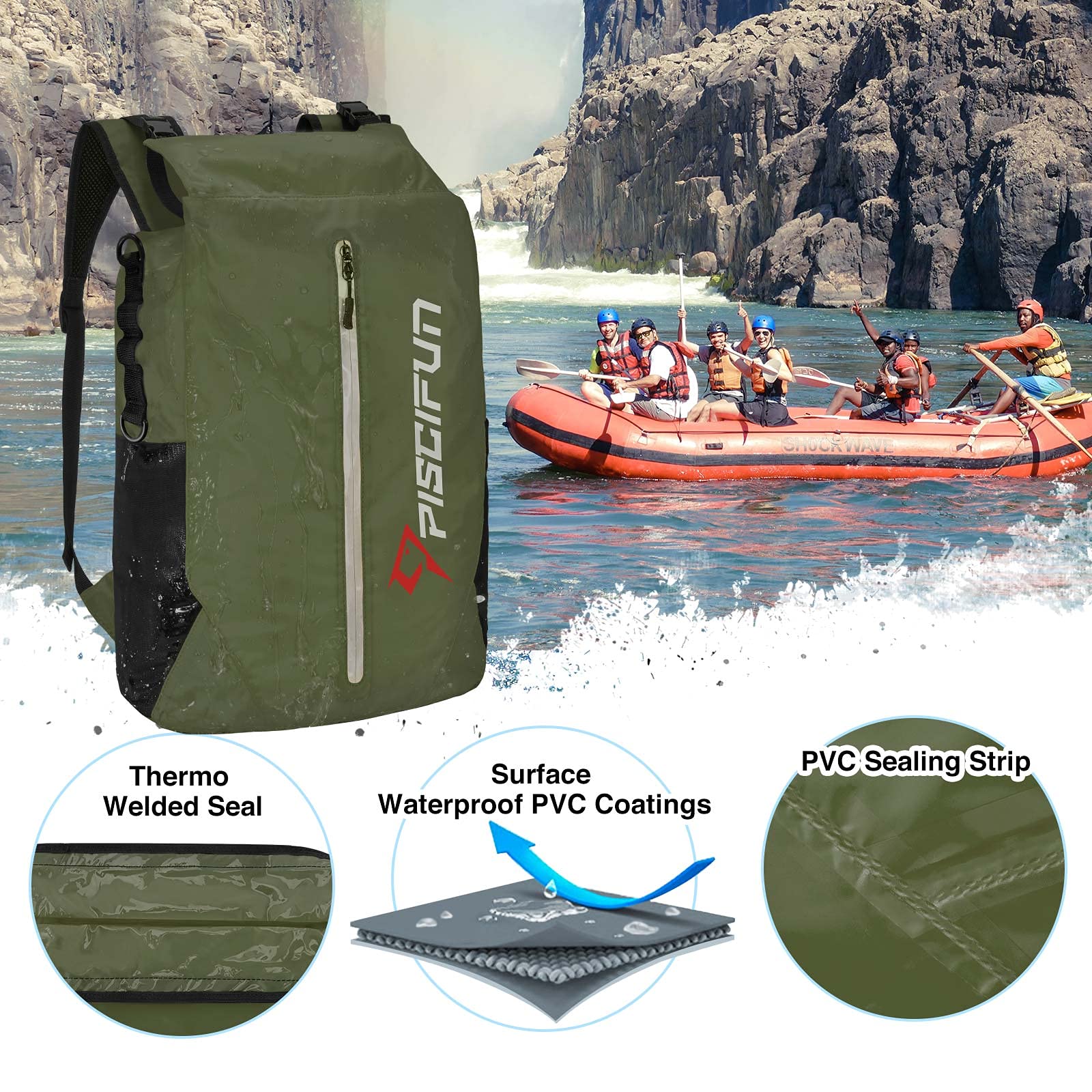 Piscifun Dry Bag Waterproof, Floating Dry Backpack, Lightweight Waterproof Dry Bag with Waist Pouch