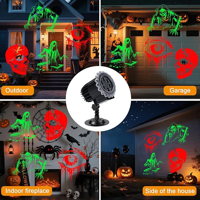 Brighter Halloween Decorations Projector Lights Outdoor, Display 4 Dynamic HD Patterns at a Time(Skulls, Zombies, Ghost, Eyes), Holiday Projector Light for Yard, Patio, Garden, Party Decor