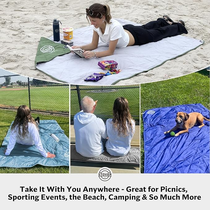 STOVER Outdoor Waterproof Fleece Travel Blanket for Camping, Picnics, Stadiums, Sports, The Beach– Warm, Windproof, Compact, Lightweight & Sand-Resistant (Sky Blue)