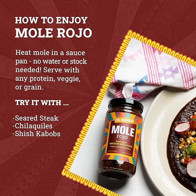 Ya Oaxaca - Mole Sauce - Rojo - Bold Spice - Blend of Smoked & Dried Chiles, Spices, House Made Chocolate - Vegan, Non-GMO, Gluten Free - Great on Enchiladas, Tacos, Nachos, Tortillas - 12oz