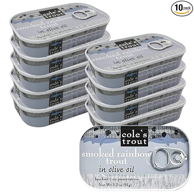 COLE?™S - Smoked Trout Fillet with Extra Virgin Olive Oil | 3.2oz Hand-Packed Canned Fish | High in Protein & Vitamin D | Preservative Free | Pack of 10