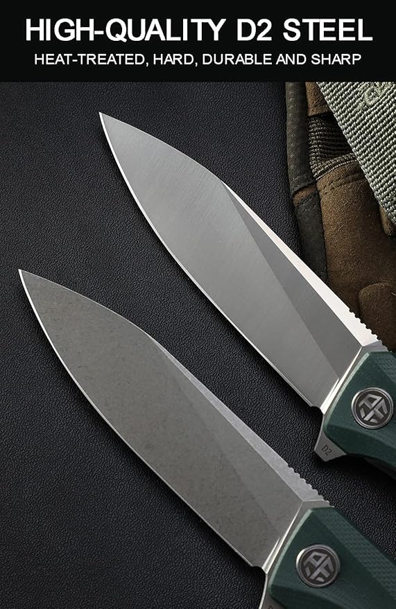 Petrified fish G10 handle D2 steel blade 2CR13 liner ball bearing flipper folding knife camping hunting EDC pocket tool PF818 (Green, Stonewash)