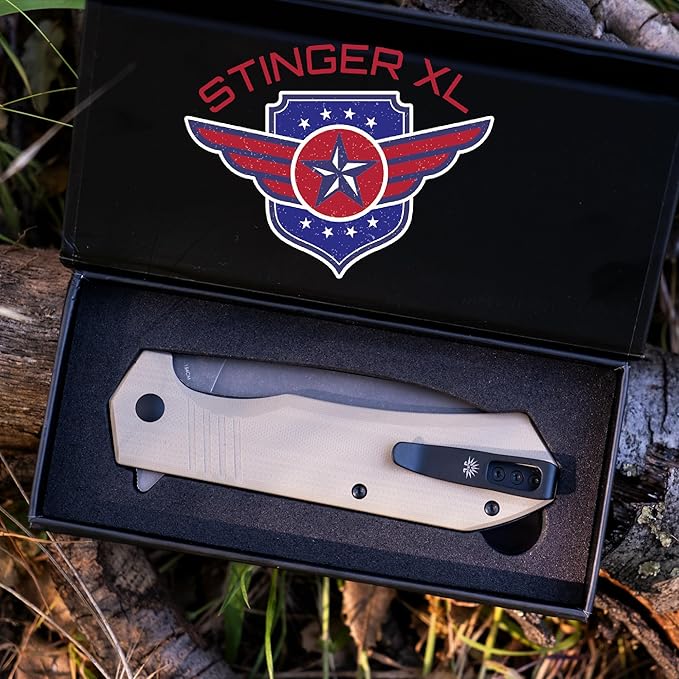 Off-Grid Knives - STINGER XL Folding Knife, 154CM Steel, Full Flat Grind, G10 Scales, Ceramic Bearings, Drop-Shut Action, Deep Pocket Clip, Left or Right Hand Carry, Camping & Tactical Use (Coyote)