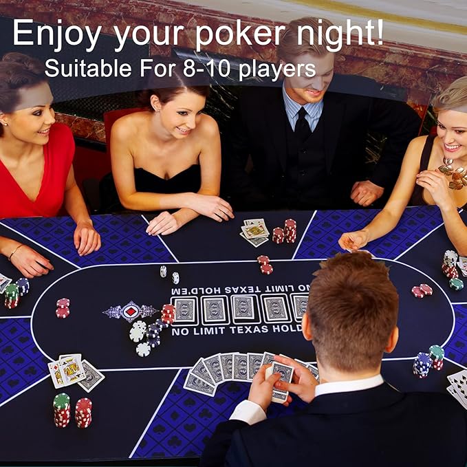 CONTINUE Poker Table Top Layout - Texas Hold'em Poker Mat for 8-10 Players, Anti-Slip Rubber, Blackjack, Casino - Blue
